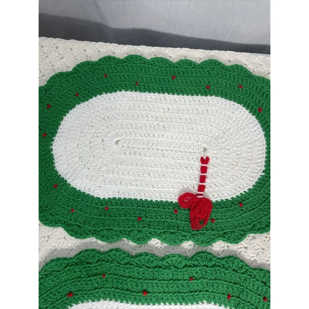 4 Placemats 4 Coasters Crocheted Handmade Christmas Red Green White 19”x13”